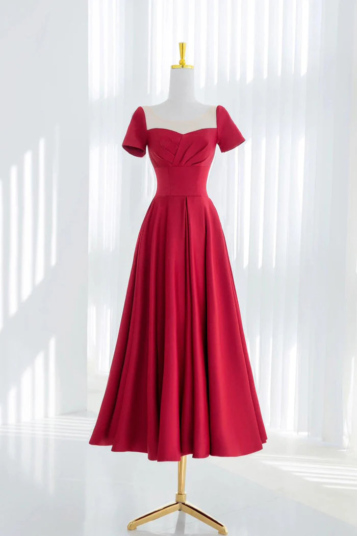 Red Satin Prom Dress A-Line Beautiful Tea Length Evening Party Dress