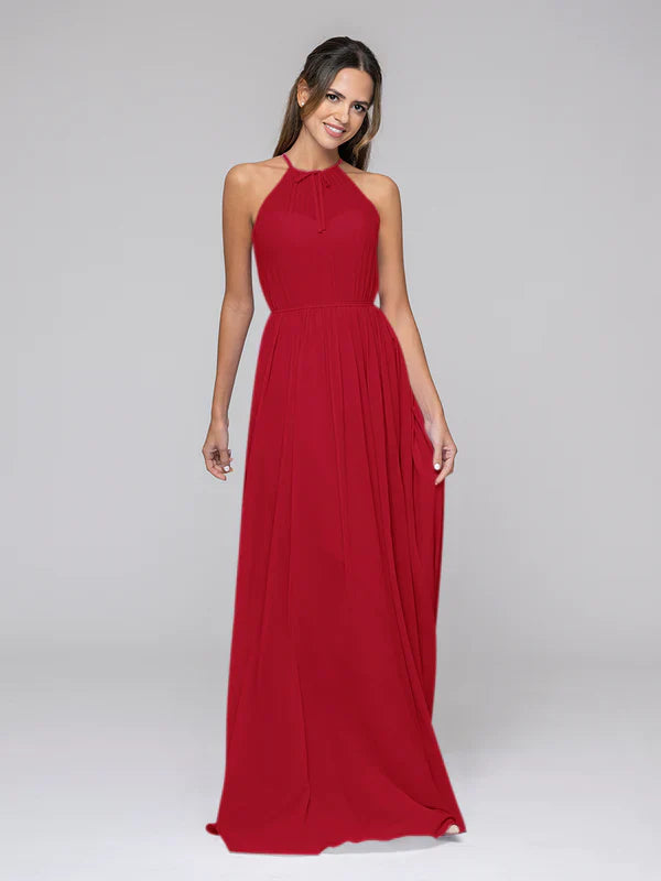 DingJiDress Long Chiffon Halter Bridal Party Dresses With Pleated Bodice Bridesmaid Dresses