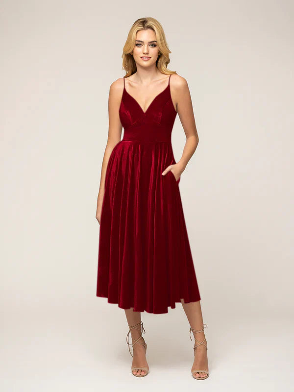 DingJiDress Spaghetti Strap A Line Tea Length Velvet Dress Bridesmaid Dresses