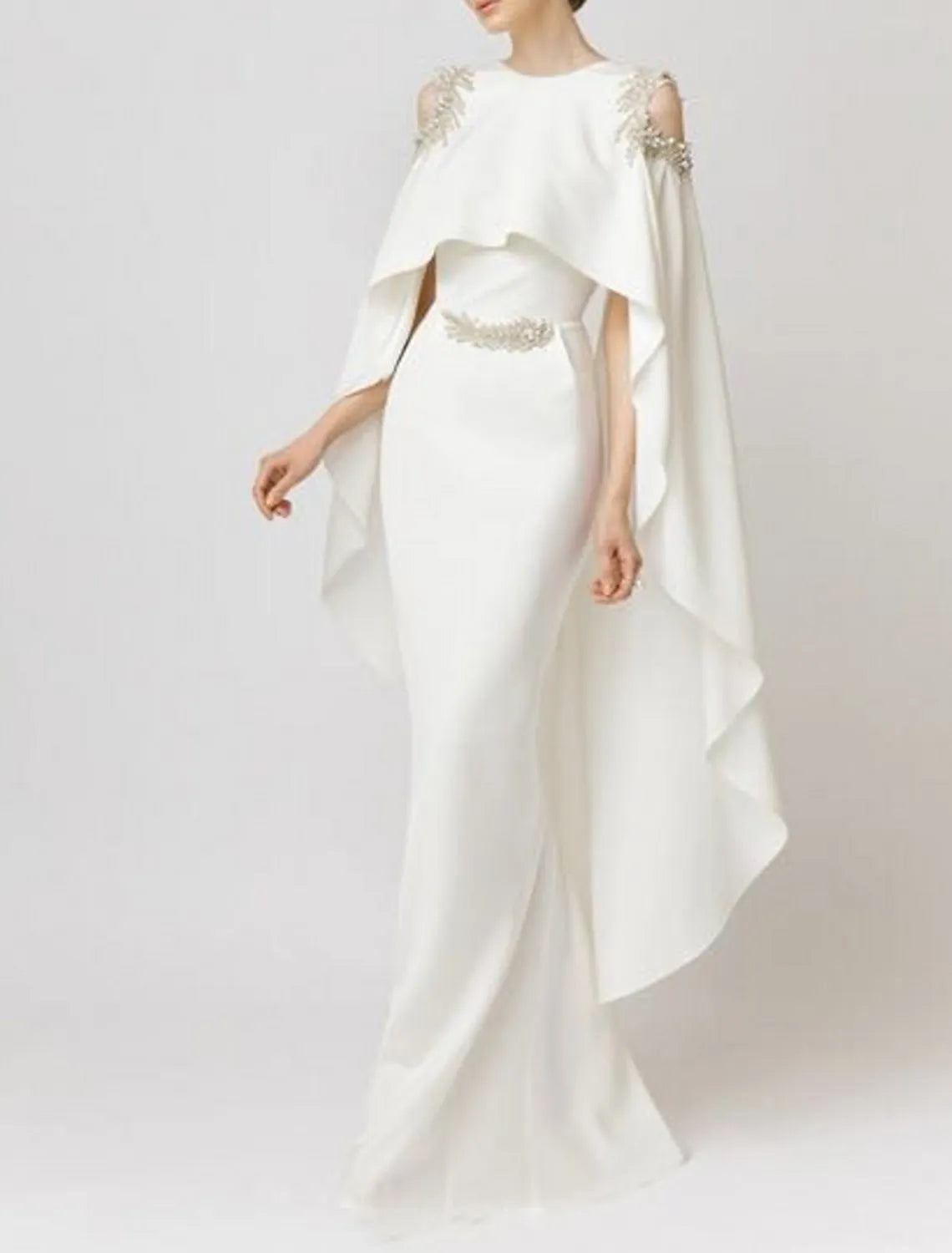 Regal Mermaid Crew Neck Sleeveless Cape Ivory Maxi Evening Dress for Women Custom