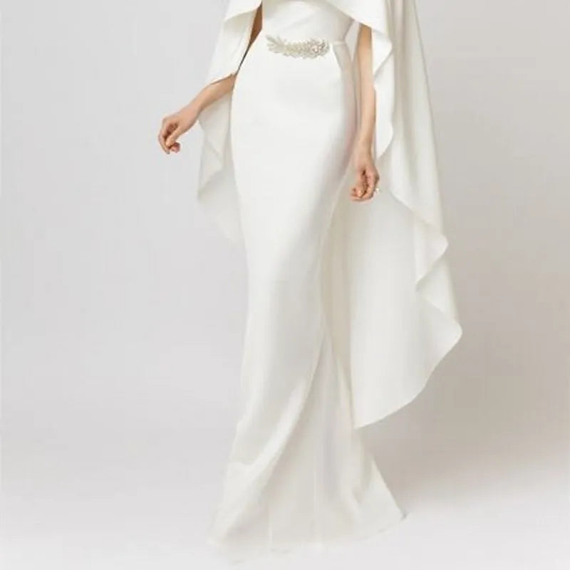 Regal Mermaid Crew Neck Sleeveless Cape Ivory Maxi Evening Dress for Women Custom