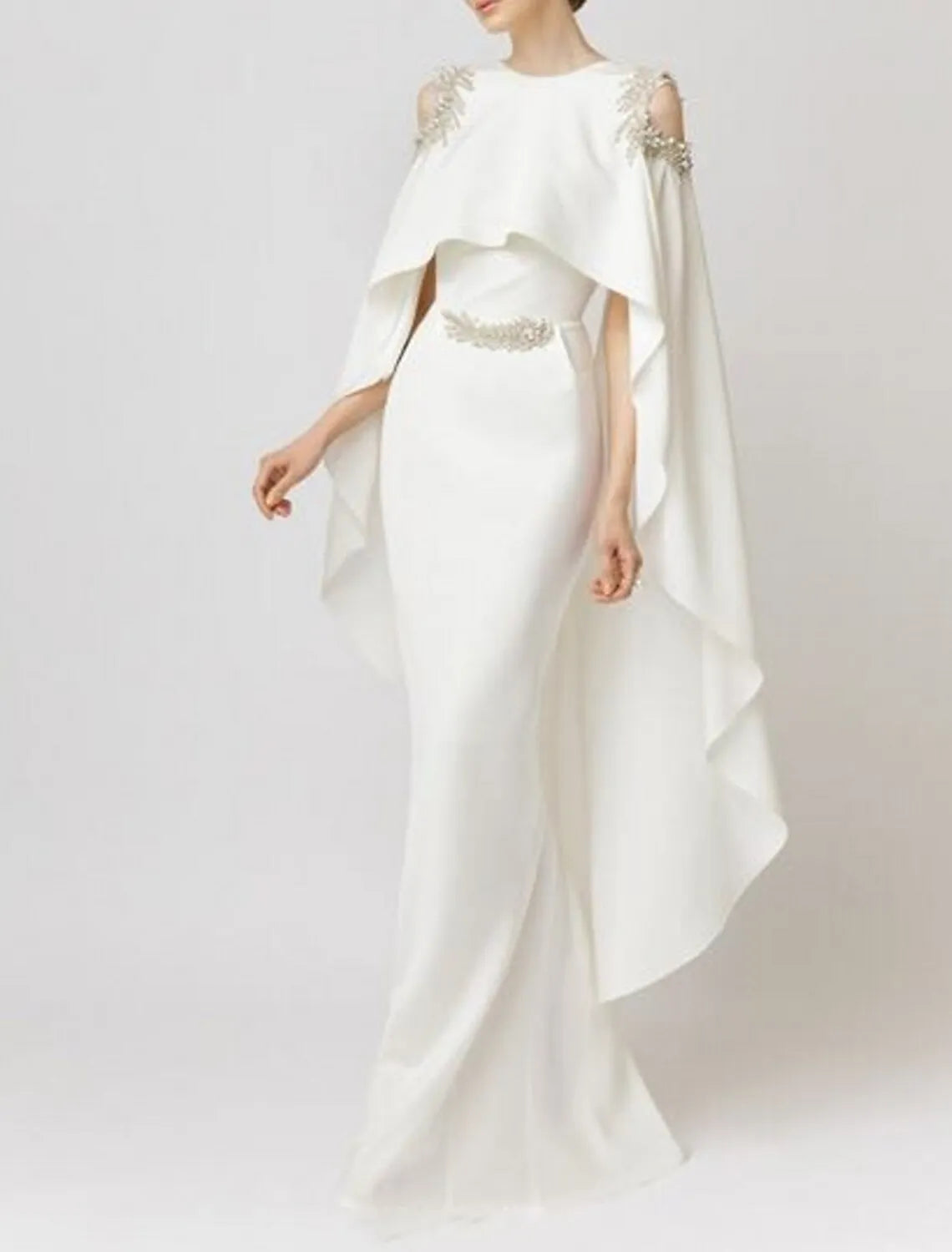 Regal Mermaid Crew Neck Sleeveless Cape Ivory Maxi Evening Dress for Women Custom