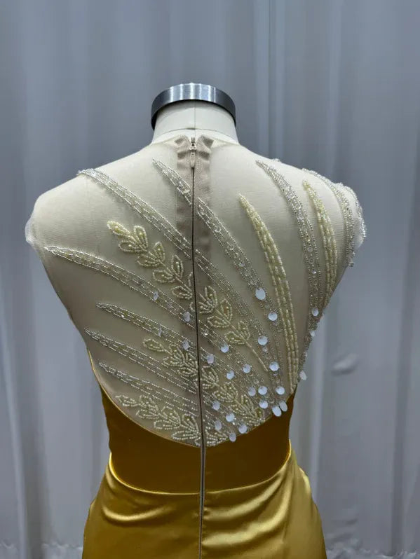 Regal Mermaid Round Neck Short-Sleeve Beaded Gold Maxi Evening Dress for Women Ready to Ship
