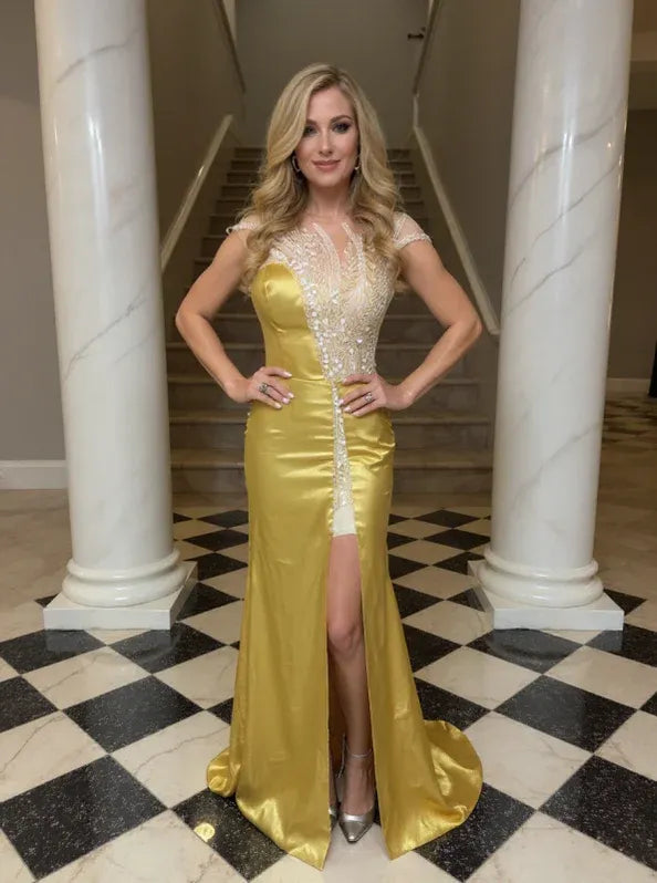 Regal Mermaid Round Neck Short-Sleeve Beaded Gold Maxi Evening Dress for Women Ready to Ship
