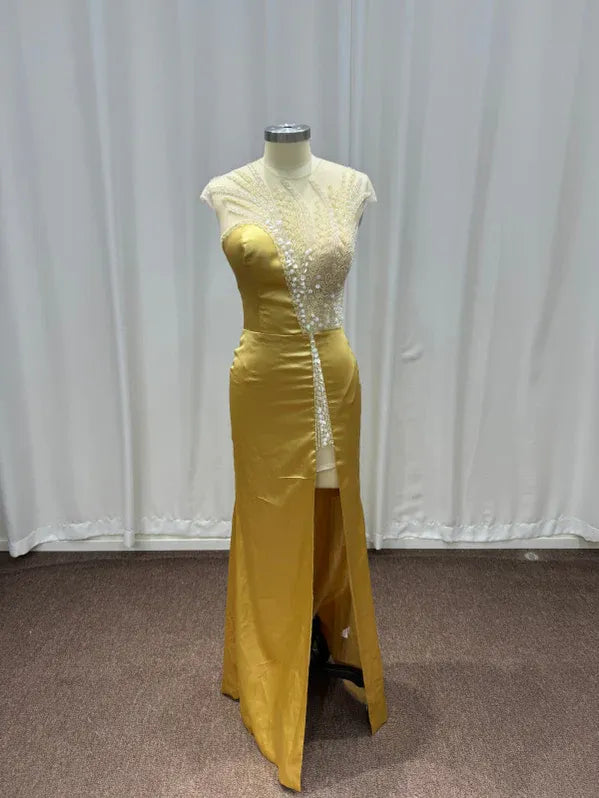 Regal Mermaid Round Neck Short-Sleeve Beaded Gold Maxi Evening Dress for Women Ready to Ship