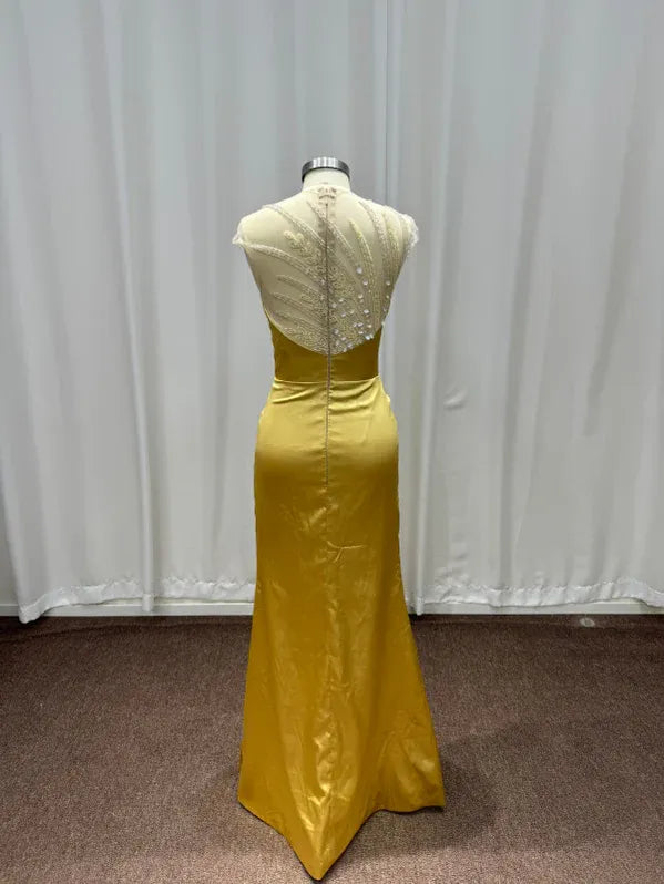 Regal Mermaid Round Neck Short-Sleeve Beaded Gold Maxi Evening Dress for Women Ready to Ship