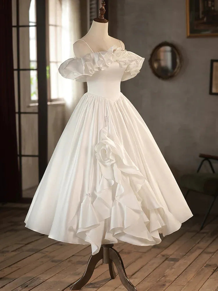Retro A-Line Tea Length Ivory Prom Dress White Wedding Party Dress