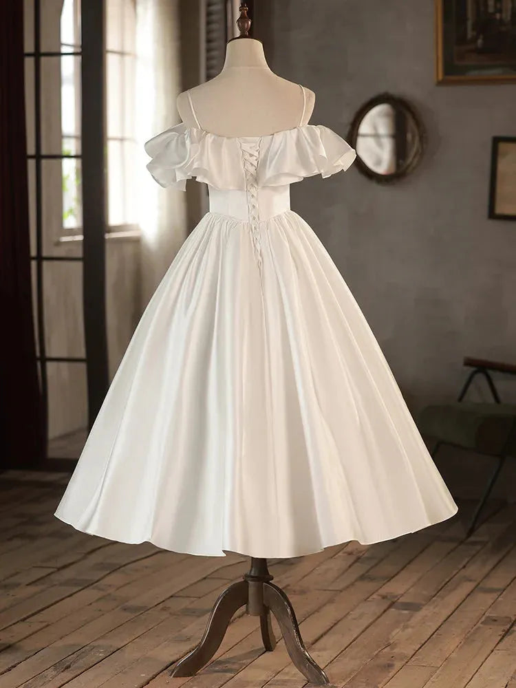 Retro A-Line Tea Length Ivory Prom Dress White Wedding Party Dress