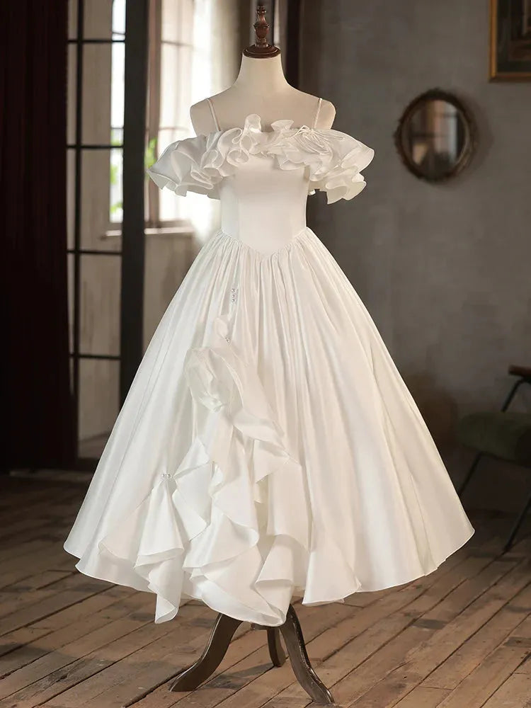 Retro A-Line Tea Length Ivory Prom Dress White Wedding Party Dress