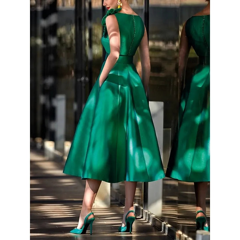 Retro A-line V-neck Sleeveless Floral-embellished Emerald Green Midi Prom Dress With Pocket Ready to Ship
