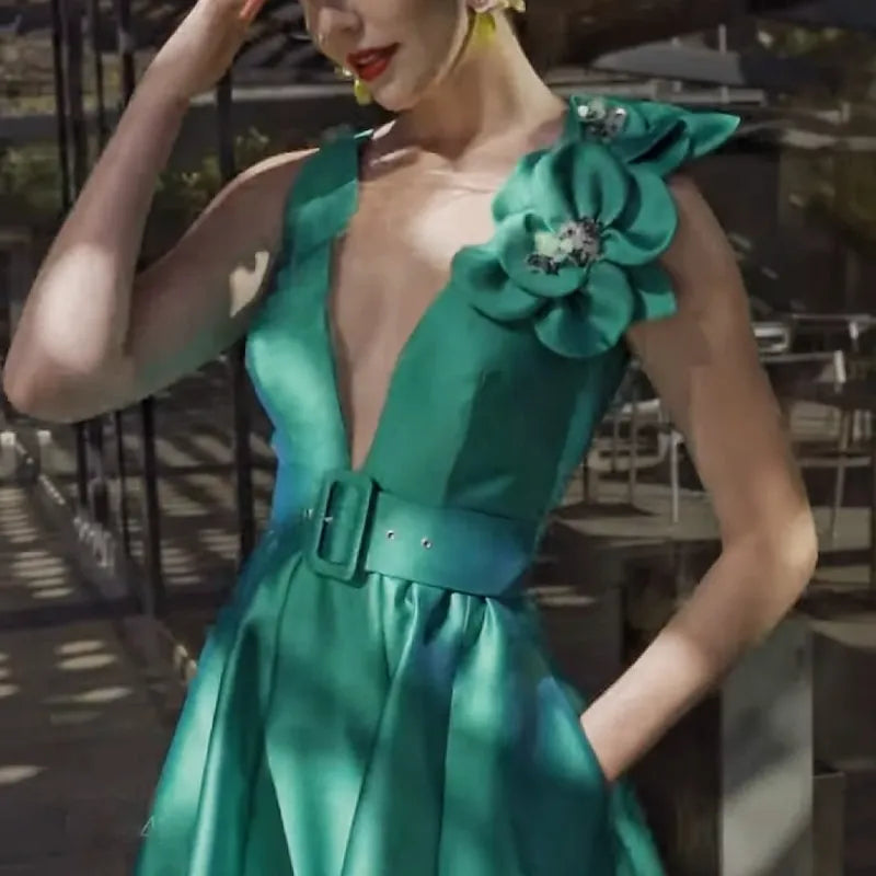 Retro A-line V-neck Sleeveless Floral-embellished Emerald Green Midi Prom Dress With Pocket Ready to Ship