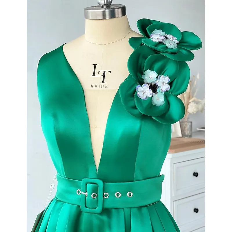 Retro A-line V-neck Sleeveless Floral-embellished Emerald Green Midi Prom Dress With Pocket Ready to Ship