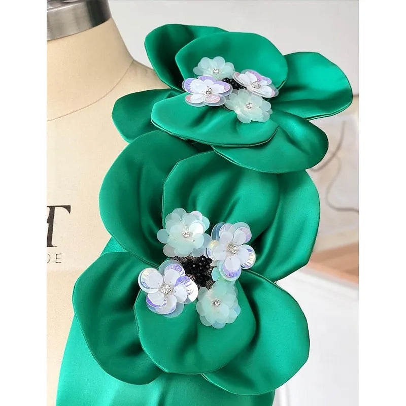 Retro A-line V-neck Sleeveless Floral-embellished Emerald Green Midi Prom Dress With Pocket Ready to Ship