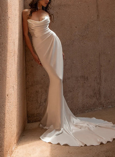 Retro style Trumpet Mermaid Fitted Cowl Neck Silk Like Satin Wedding Dresses