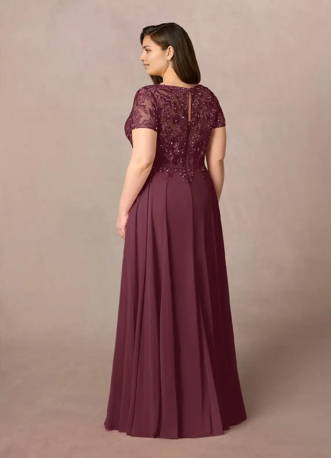 Romantic A-Line Boat Neck Short Sleeve Lace Applique Sequins Back Zip Chiffon Floor-Length Plus-Size Prom Dresses