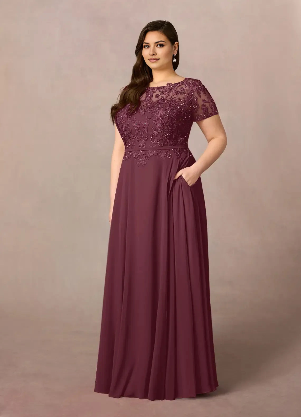 Romantic A-Line Boat Neck Short Sleeve Lace Applique Sequins Back Zip Chiffon Floor-Length Plus-Size Prom Dresses