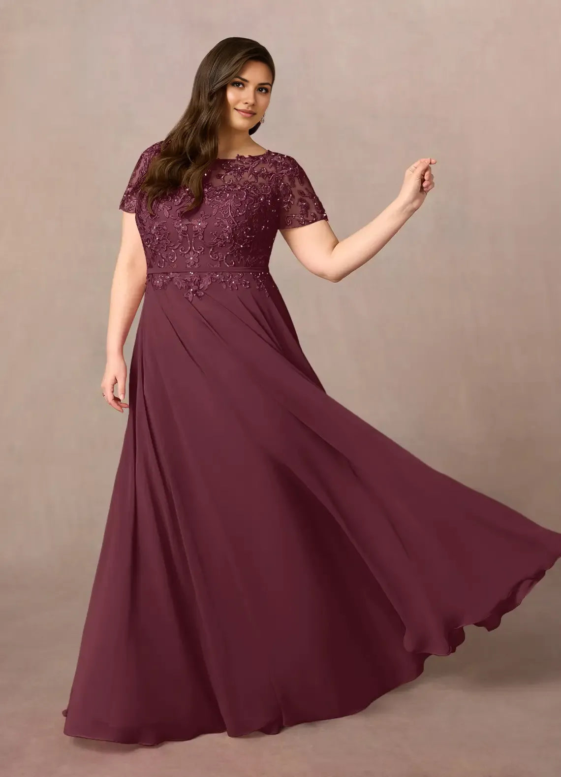 Romantic A-Line Boat Neck Short Sleeve Lace Applique Sequins Back Zip Chiffon Floor-Length Plus-Size Prom Dresses