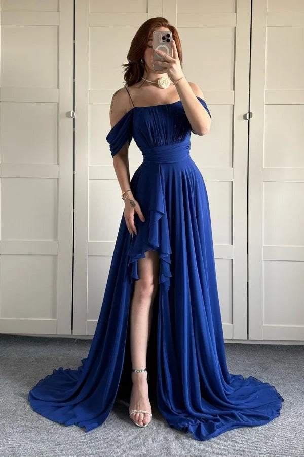 Romantic A-Line Cold Shoulder Spaghetti Strap Royal Blue Maxi Prom Dress