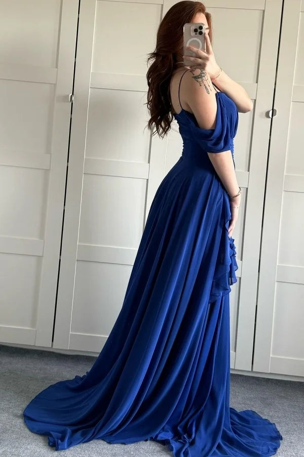 Romantic A-Line Cold Shoulder Spaghetti Strap Royal Blue Maxi Prom Dress