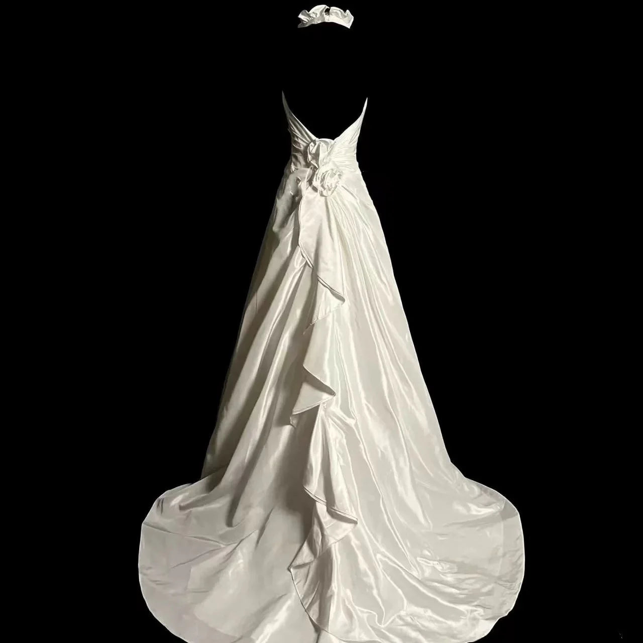 Romantic A-Line Halter-Neck Sleeveless Ruffled White Satin Wedding Dresses