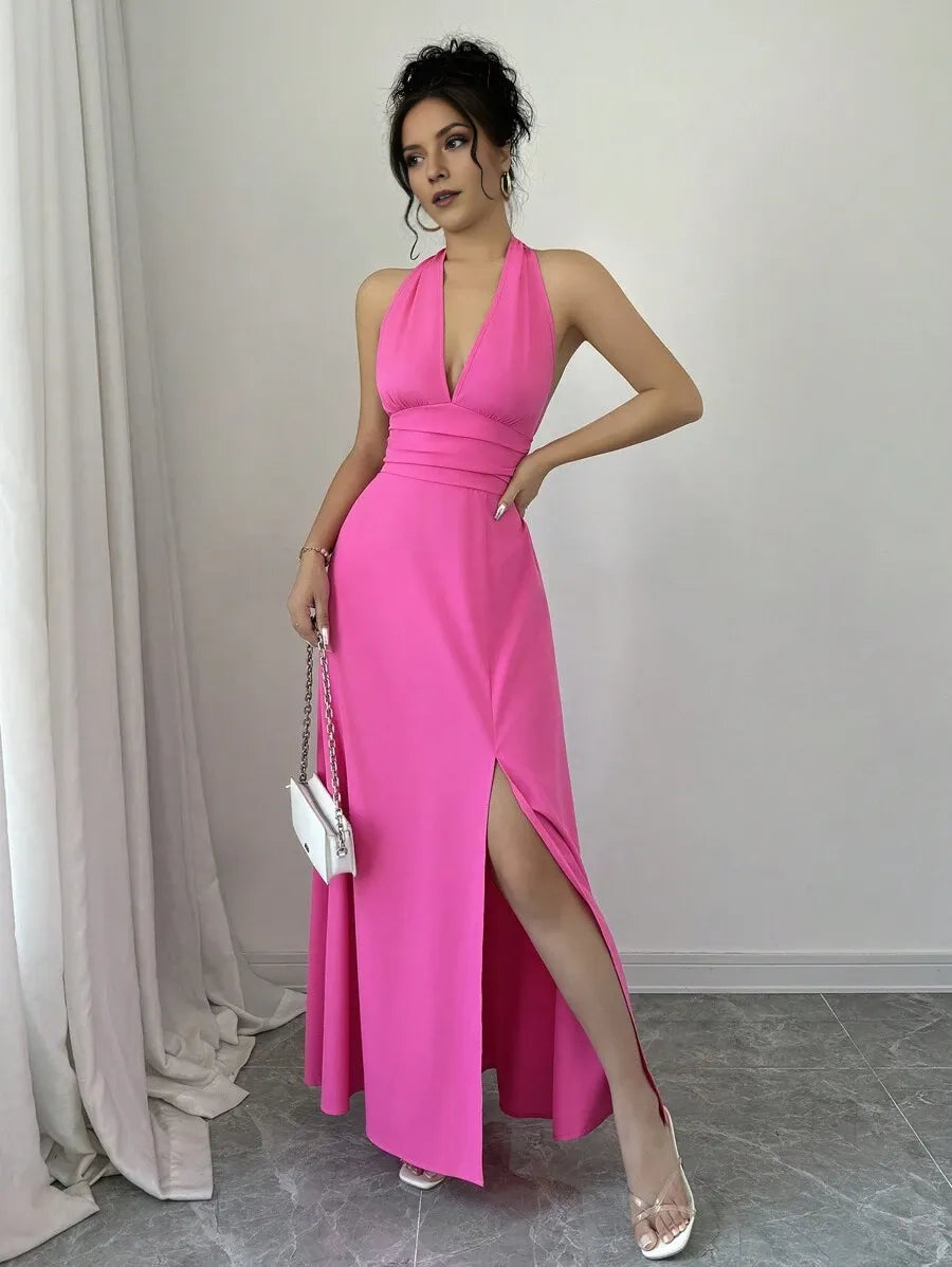 Romantic A-Line Halter Deep V-Neck Sleeveless Tie-Accent Open Back Ankle-Length High Slit Prom Dresses