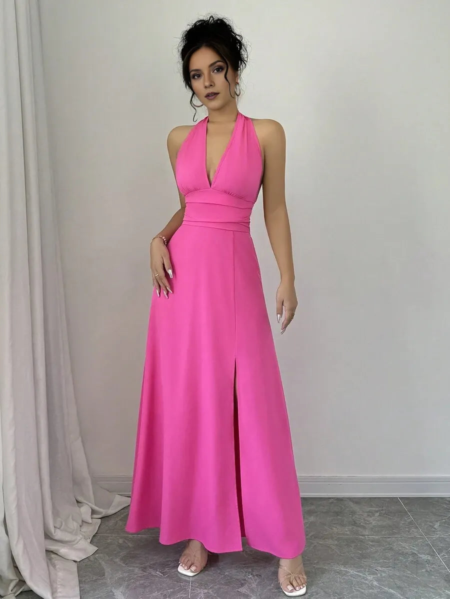 Romantic A-Line Halter Deep V-Neck Sleeveless Tie-Accent Open Back Ankle-Length High Slit Prom Dresses