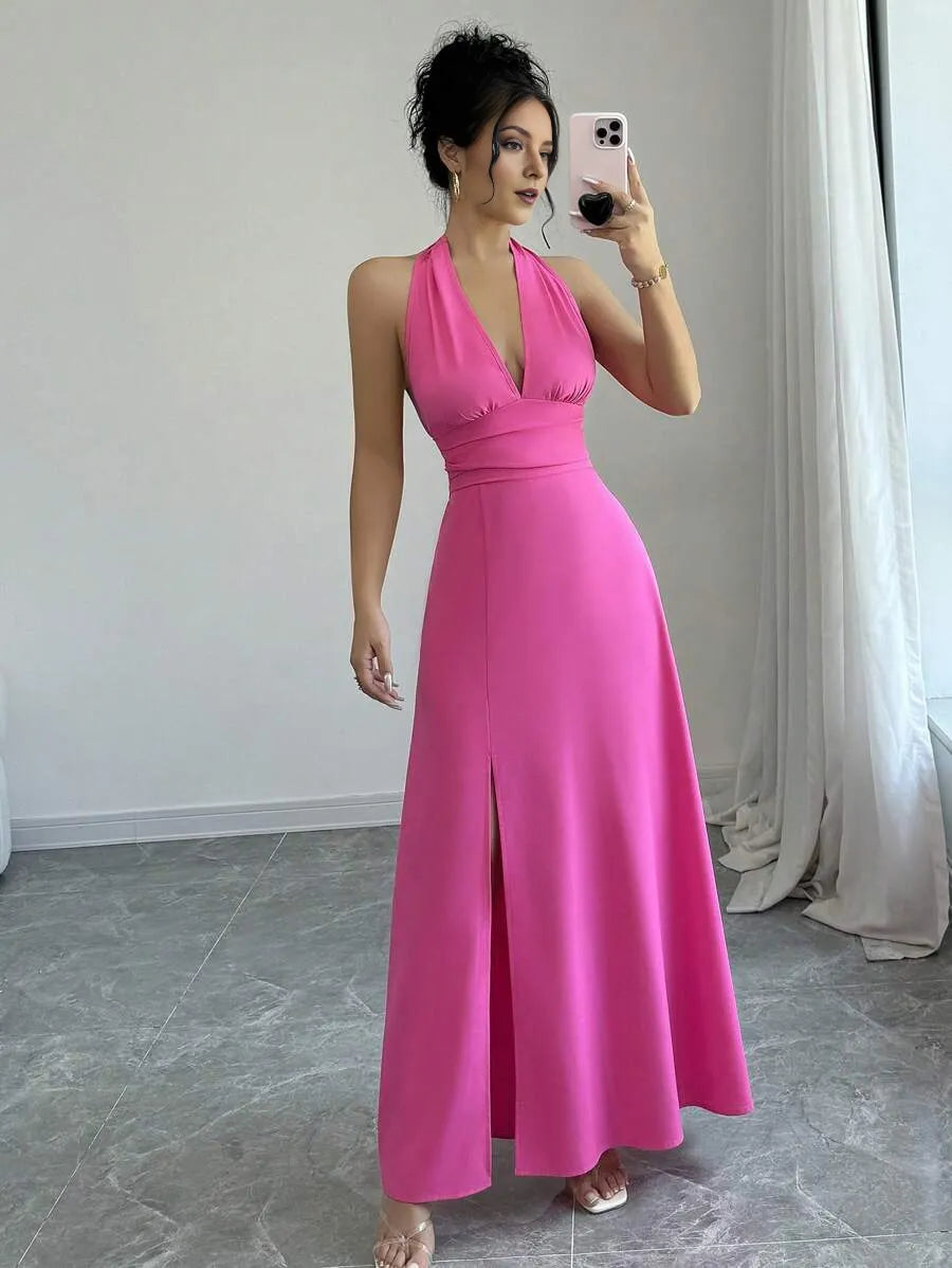 Romantic A-Line Halter Deep V-Neck Sleeveless Tie-Accent Open Back Ankle-Length High Slit Prom Dresses