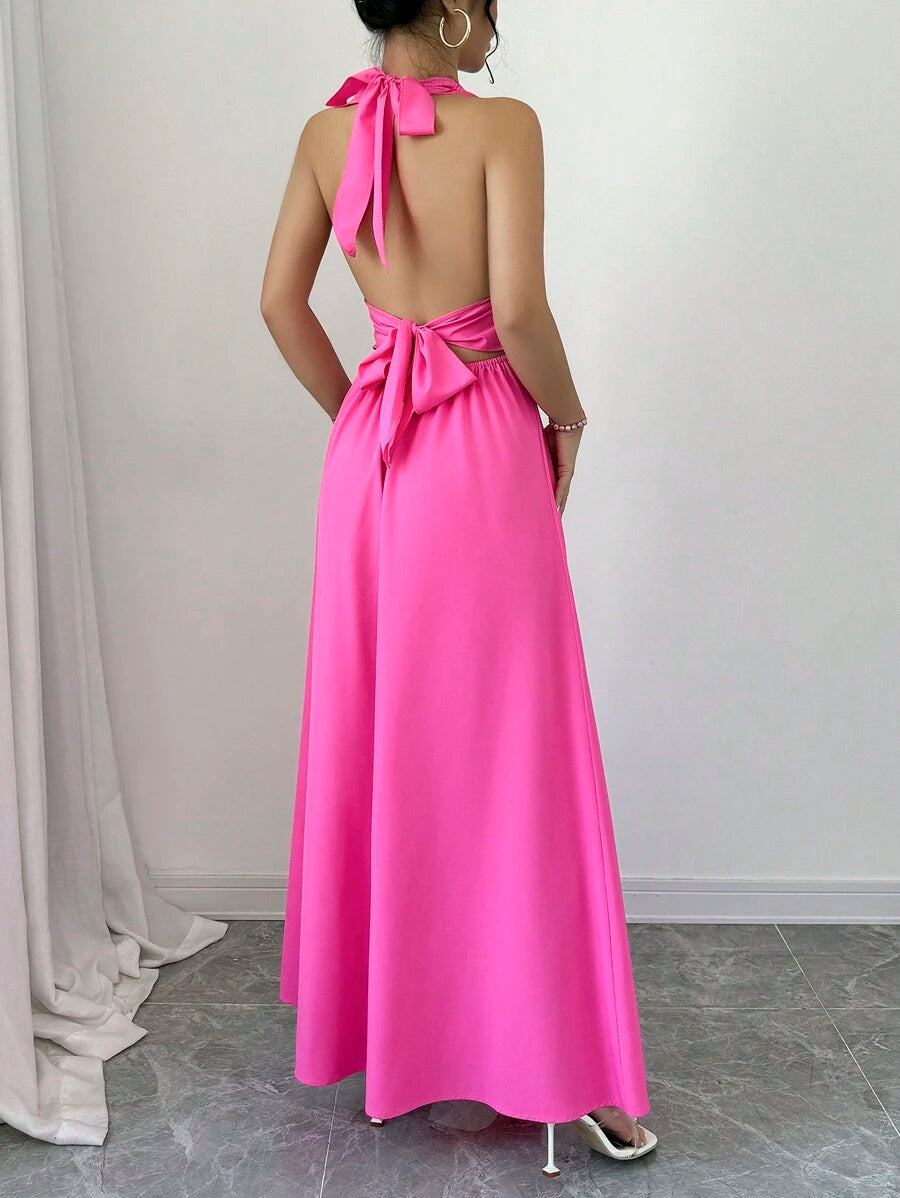 Romantic A-Line Halter Deep V-Neck Sleeveless Tie-Accent Open Back Ankle-Length High Slit Prom Dresses