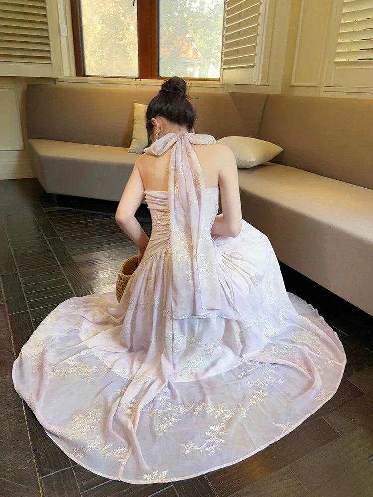 Romantic A-Line Halter Neck Embroidered Lavender Maxi Prom Dress