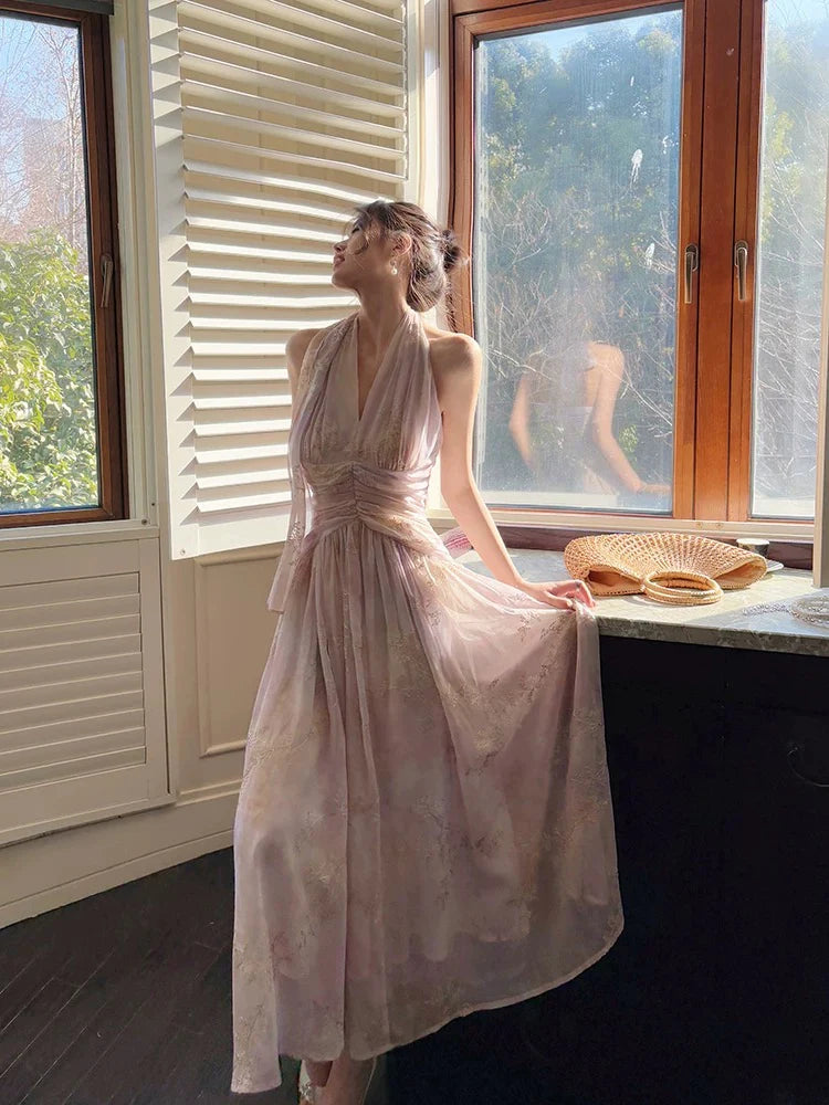 Romantic A-Line Halter Neck Embroidered Lavender Maxi Prom Dress