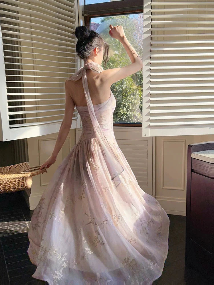 Romantic A-Line Halter Neck Embroidered Lavender Maxi Prom Dress