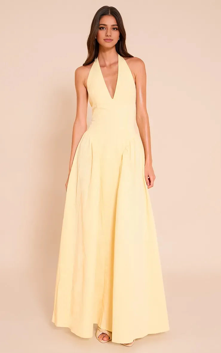 Romantic A-Line Halter Neck Sleeveless Tie-Back Floor-Length Prom Dresses for women Hot Sale