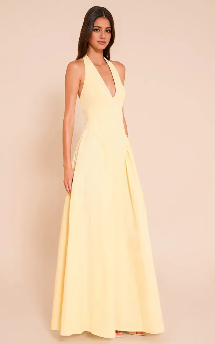 Romantic A-Line Halter Neck Sleeveless Tie-Back Floor-Length Prom Dresses for women Hot Sale