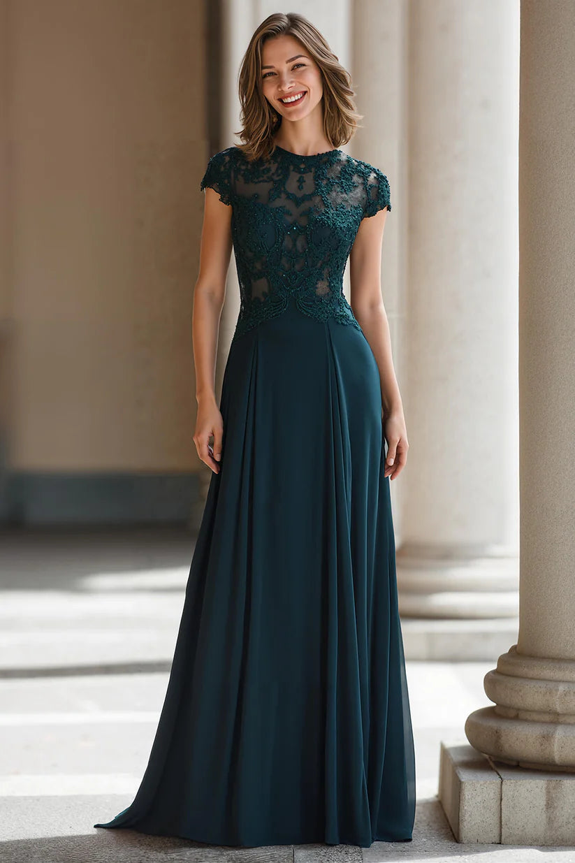 Romantic A-Line High Neck Cap-Sleeve Lace-Bodice Chiffon Floor-Length Mother Of The Bride Dresses with Appliques