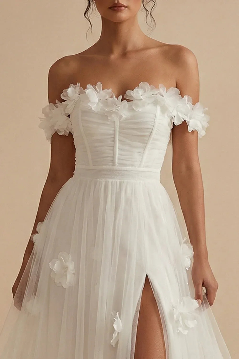 Romantic A-Line Off-Shoulder 3D Floral White Maxi Wedding Dress With Slit