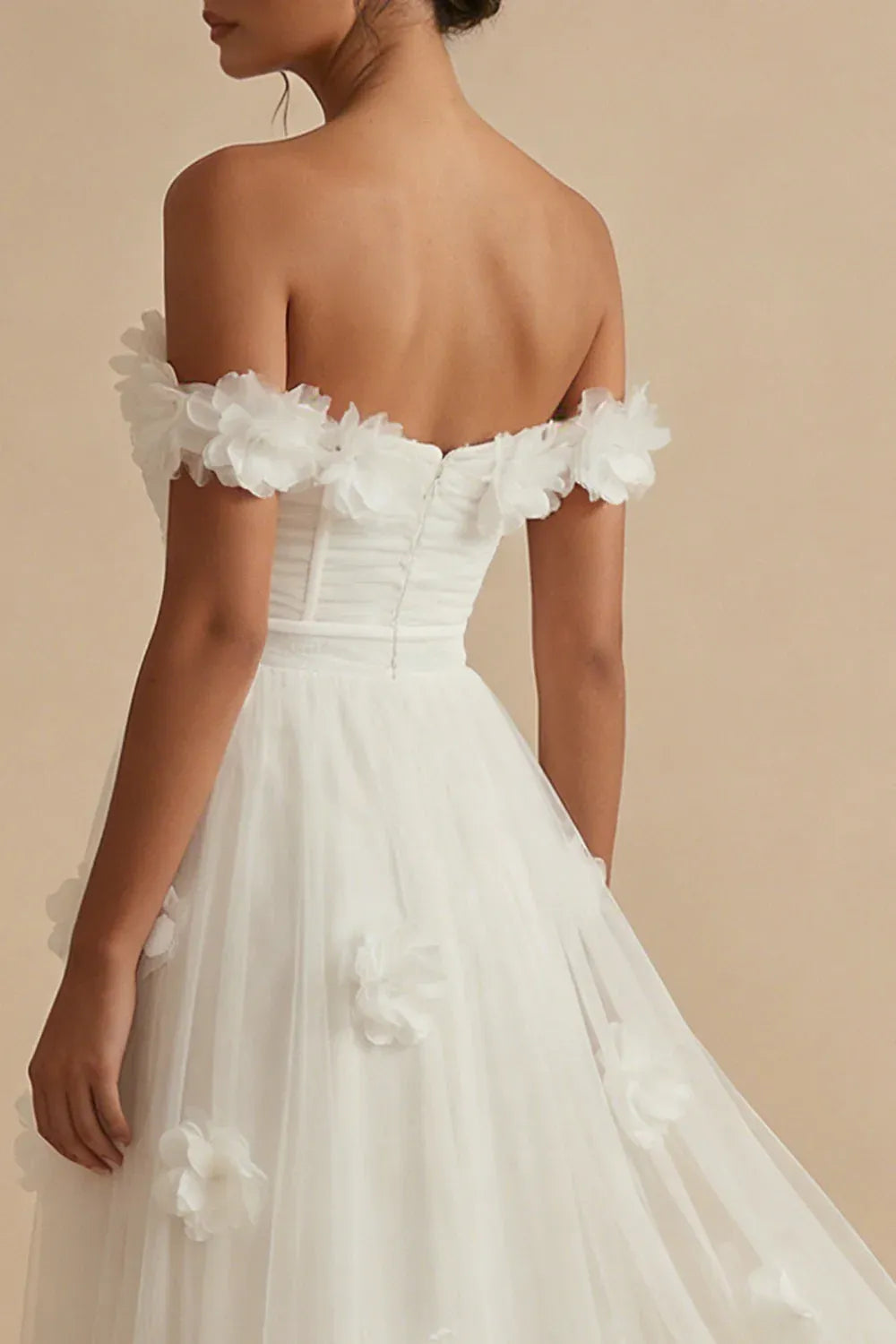 Romantic A-Line Off-Shoulder 3D Floral White Maxi Wedding Dress With Slit