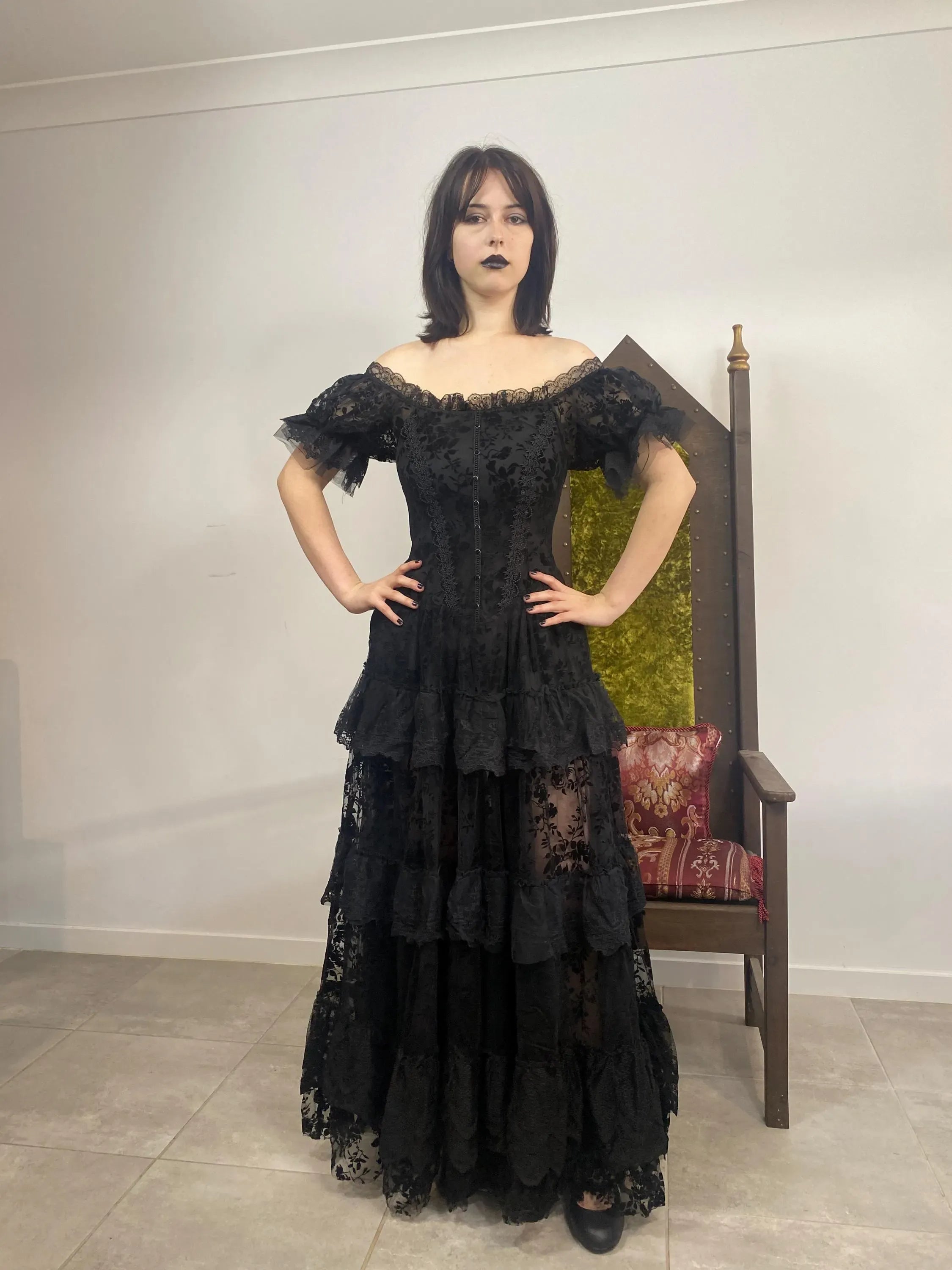 Gothic A-Line Off-Shoulder Corset Tiered Lace Black Floor-Length Evening Dress