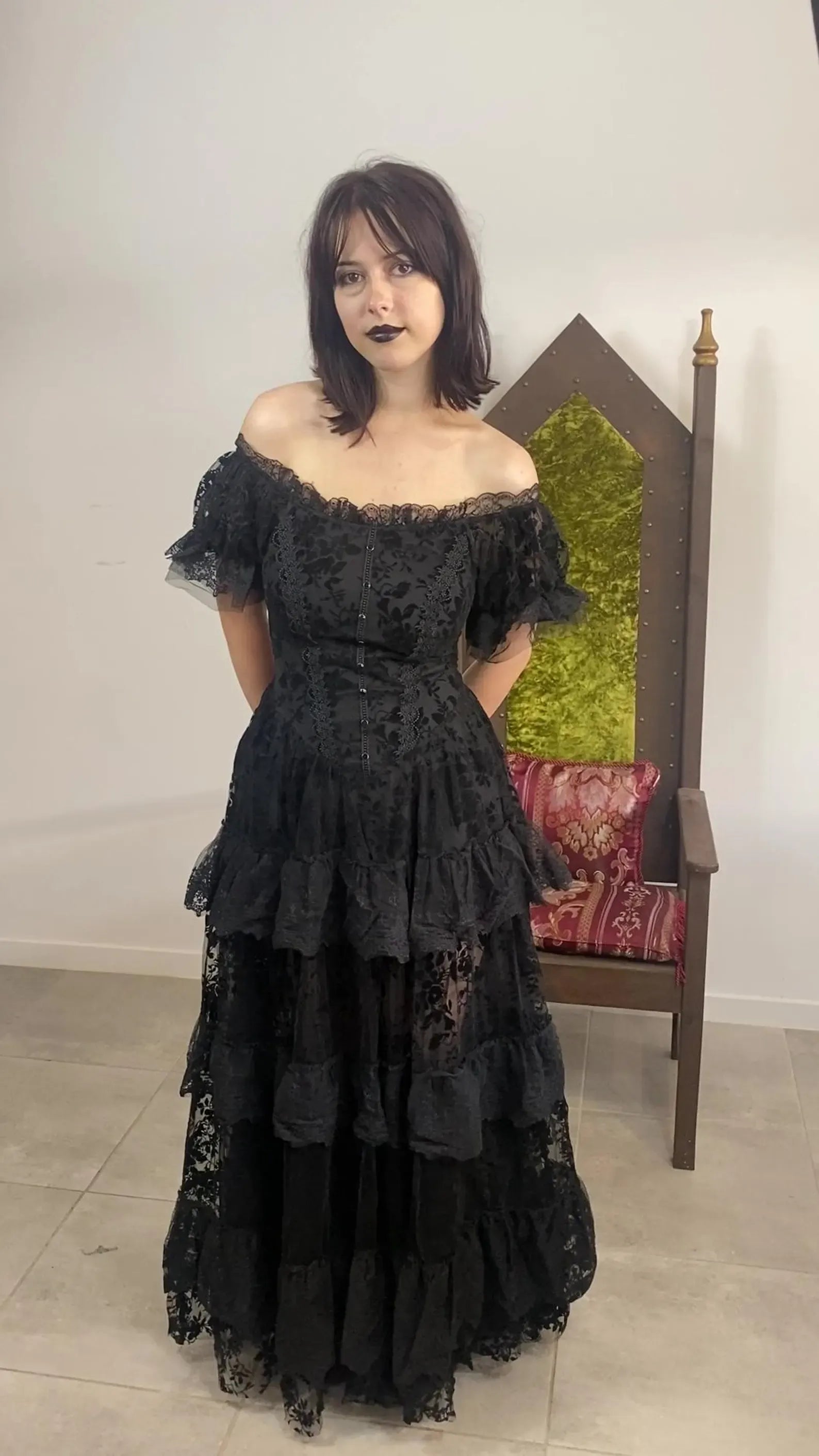 Gothic A-Line Off-Shoulder Corset Tiered Lace Black Floor-Length Evening Dress