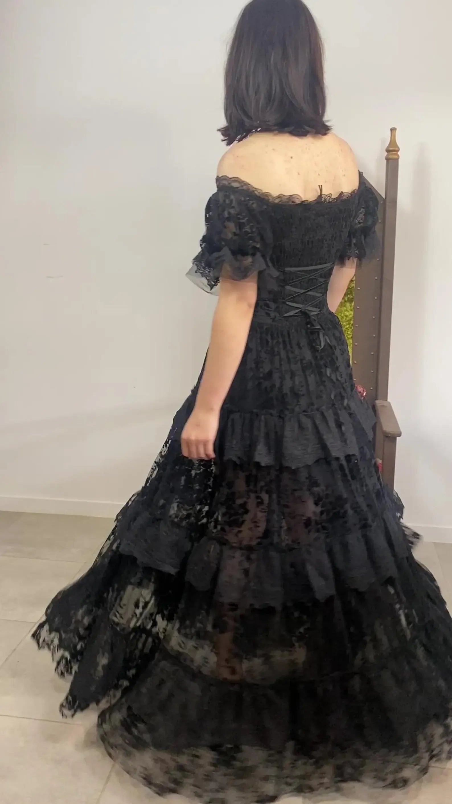 Gothic A-Line Off-Shoulder Corset Tiered Lace Black Floor-Length Evening Dress