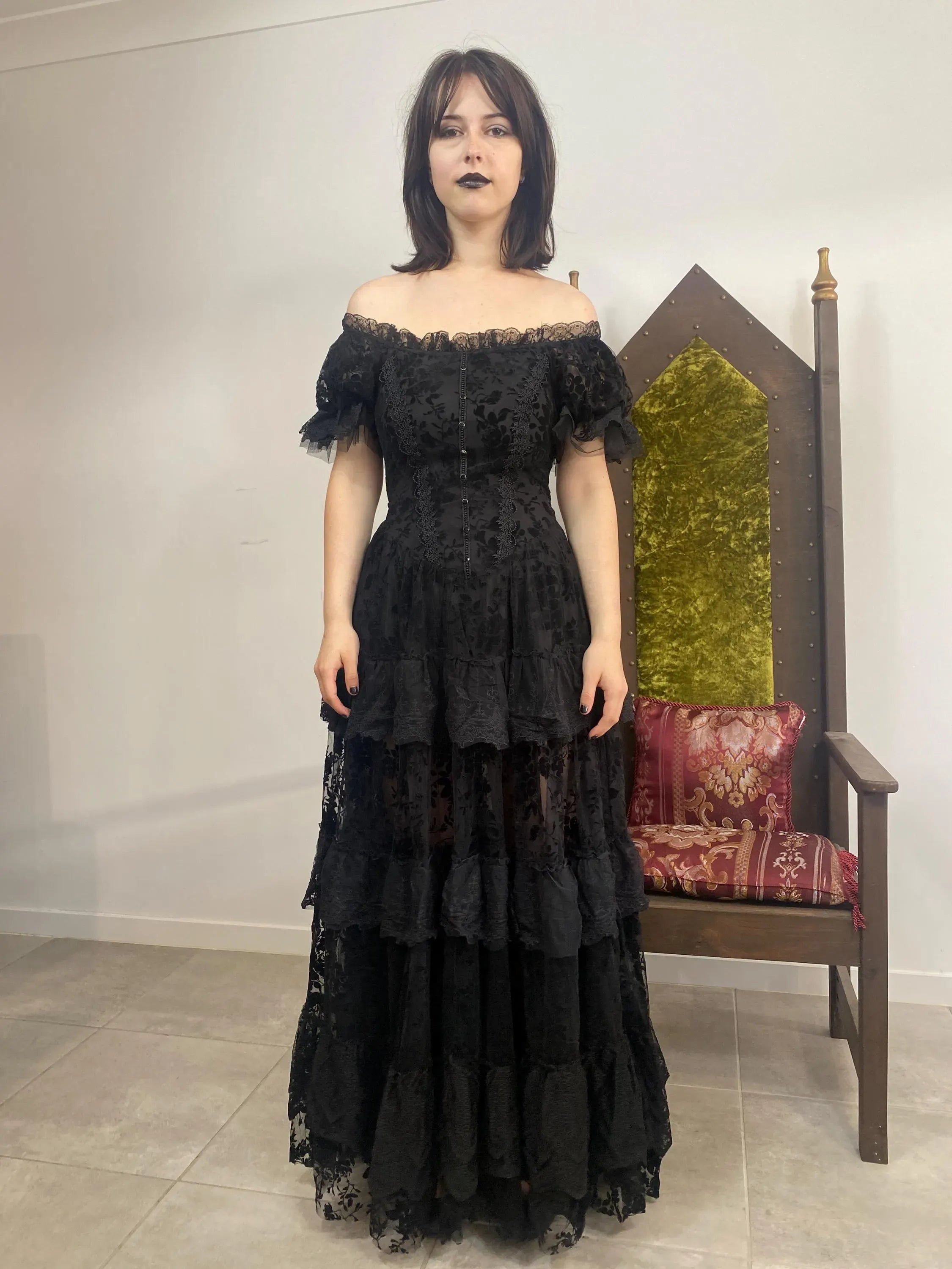 Gothic A-Line Off-Shoulder Corset Tiered Lace Black Floor-Length Evening Dress