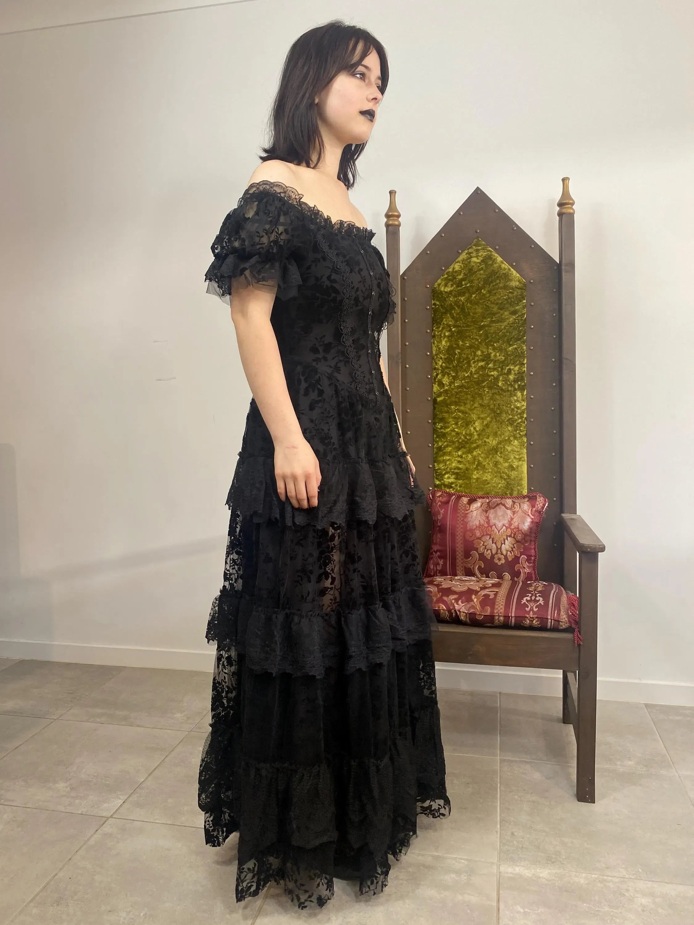 Gothic A-Line Off-Shoulder Corset Tiered Lace Black Floor-Length Evening Dress
