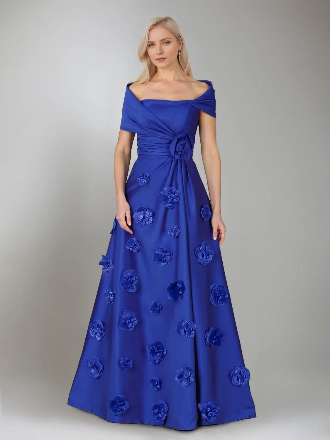 Romantic A-Line Off-the-Shoulder Short Sleeves Pleated Waist Floor-Length Mother of the Bride Dresses with 3D Flowers