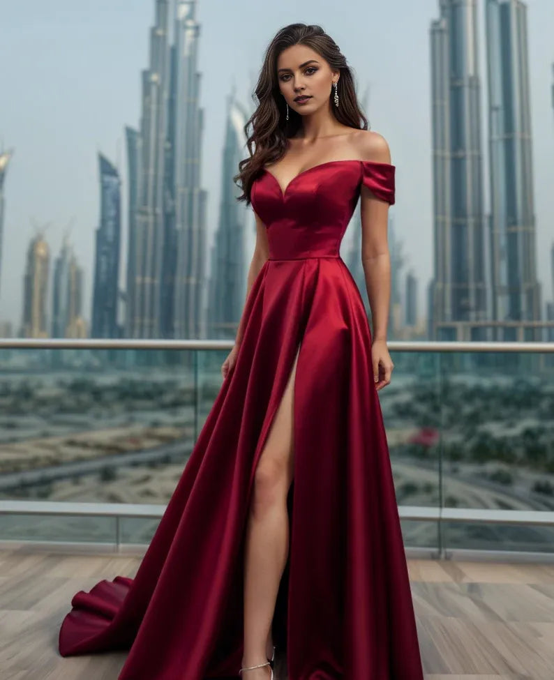 Romantic A-Line Off Shoulder Sleeveless Lace Up Ruched-Bodice Floor-Length High Slit Satin Prom Dress