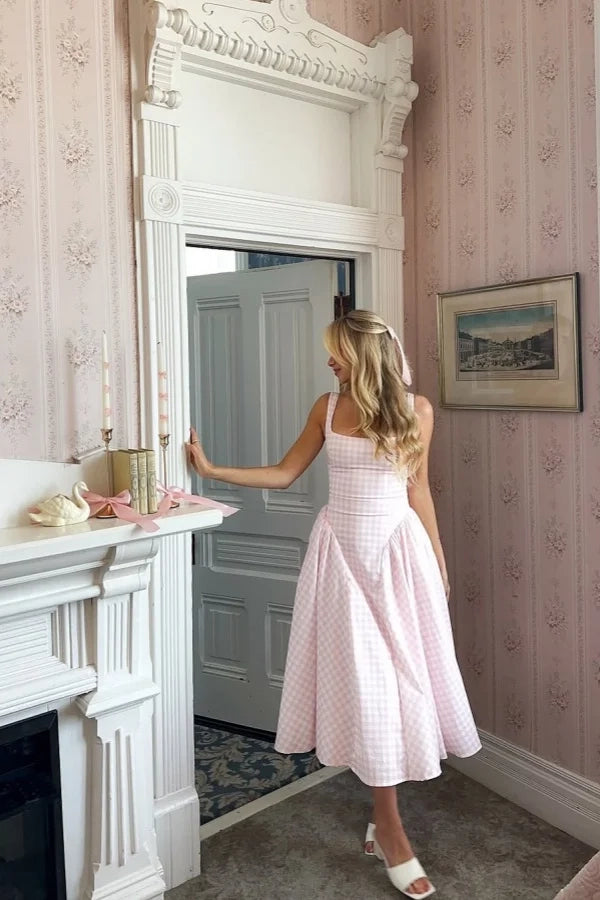 Romantic A-Line Square Neck Sleeveless Gingham Pink Midi Party Dress