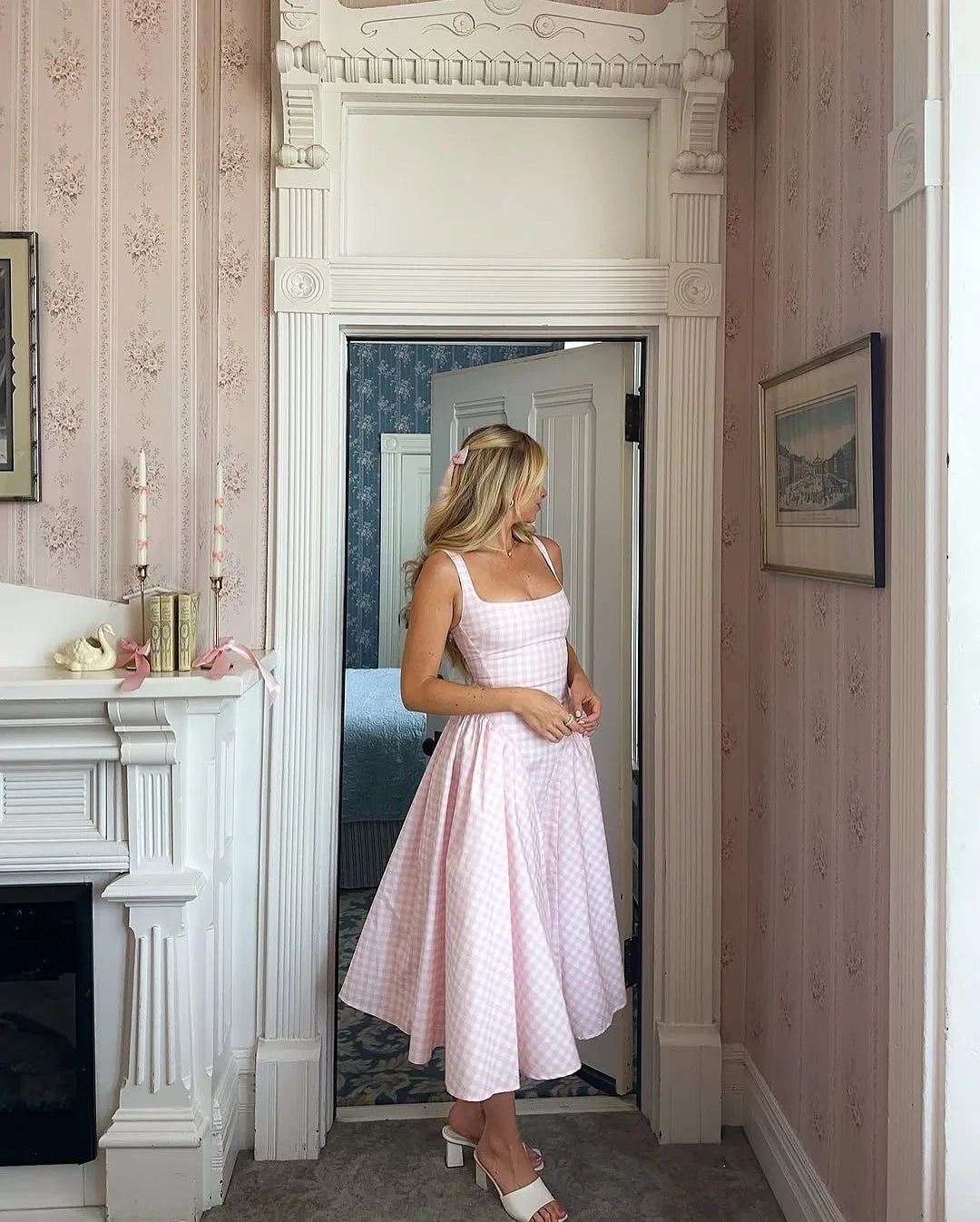 Romantic A-Line Square Neck Sleeveless Gingham Pink Midi Party Dress