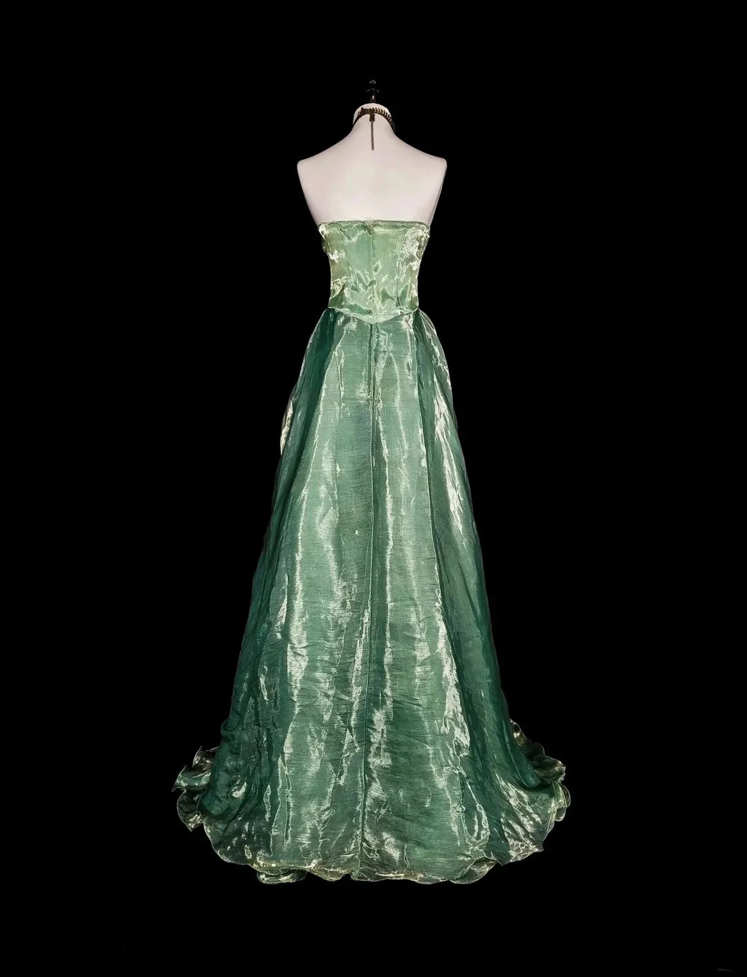 Romantic A-Line Strapless Embellished Sage Green Maxi Prom Dress