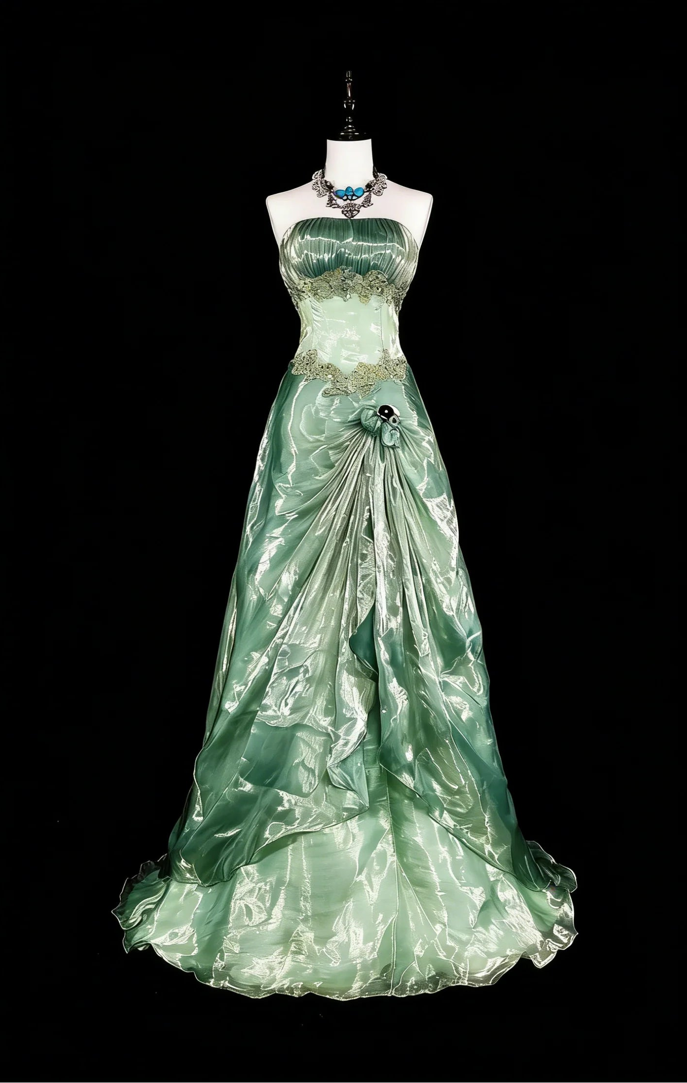 Romantic A-Line Strapless Embellished Sage Green Maxi Prom Dress