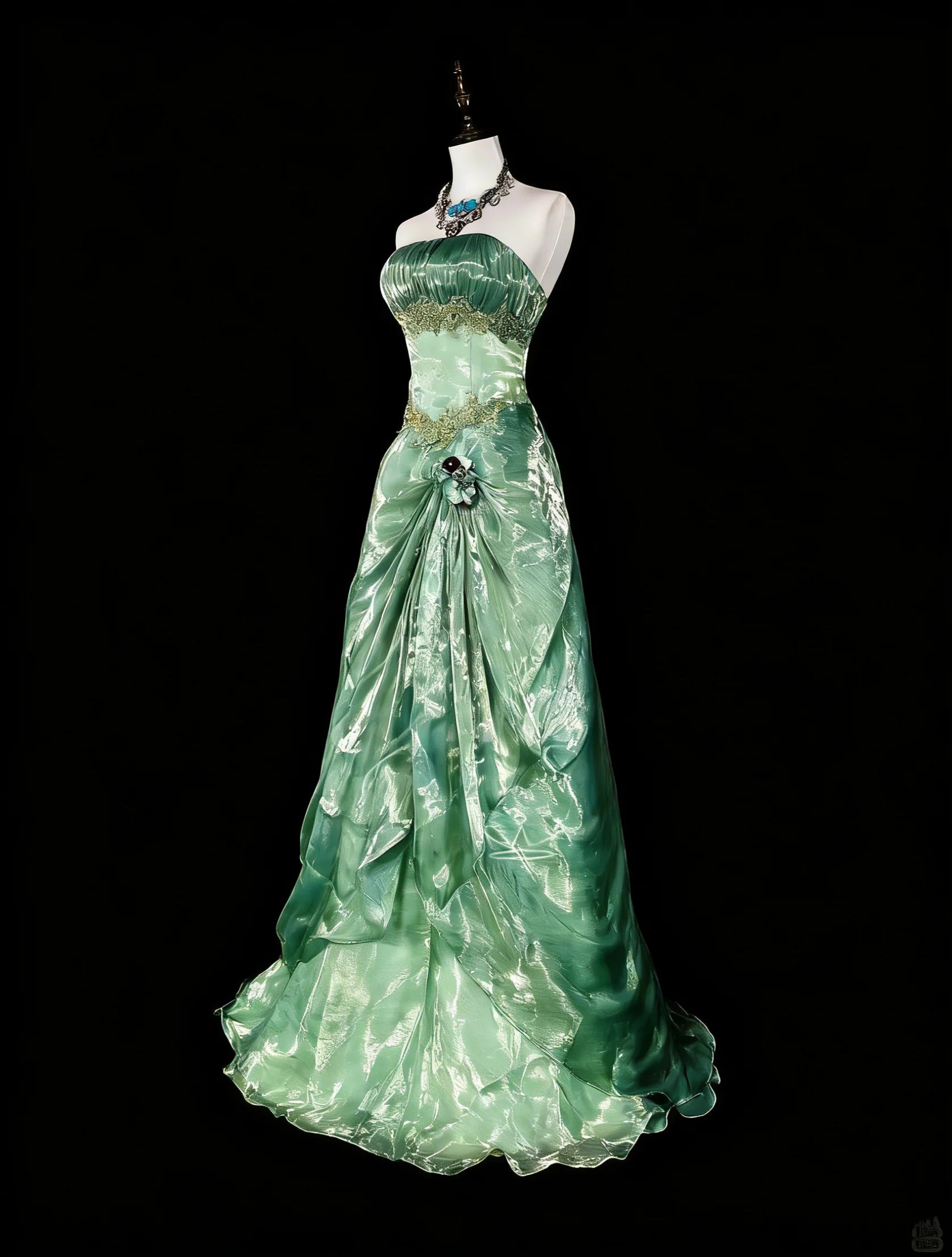 Romantic A-Line Strapless Embellished Sage Green Maxi Prom Dress