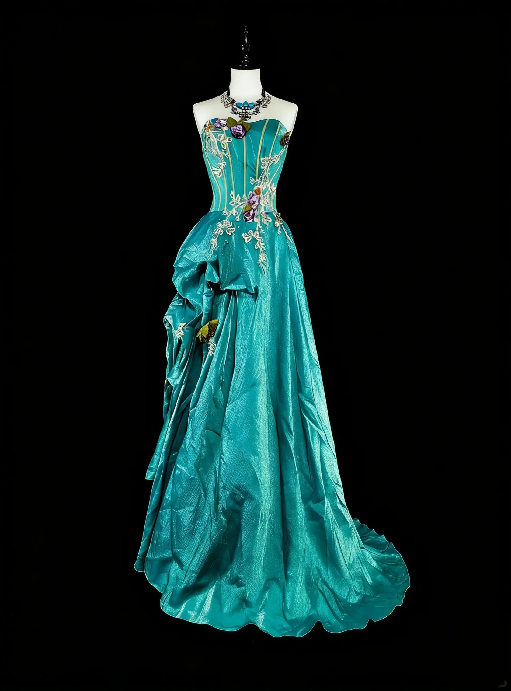 Romantic A-Line Strapless Embellished Teal Maxi Prom Dress