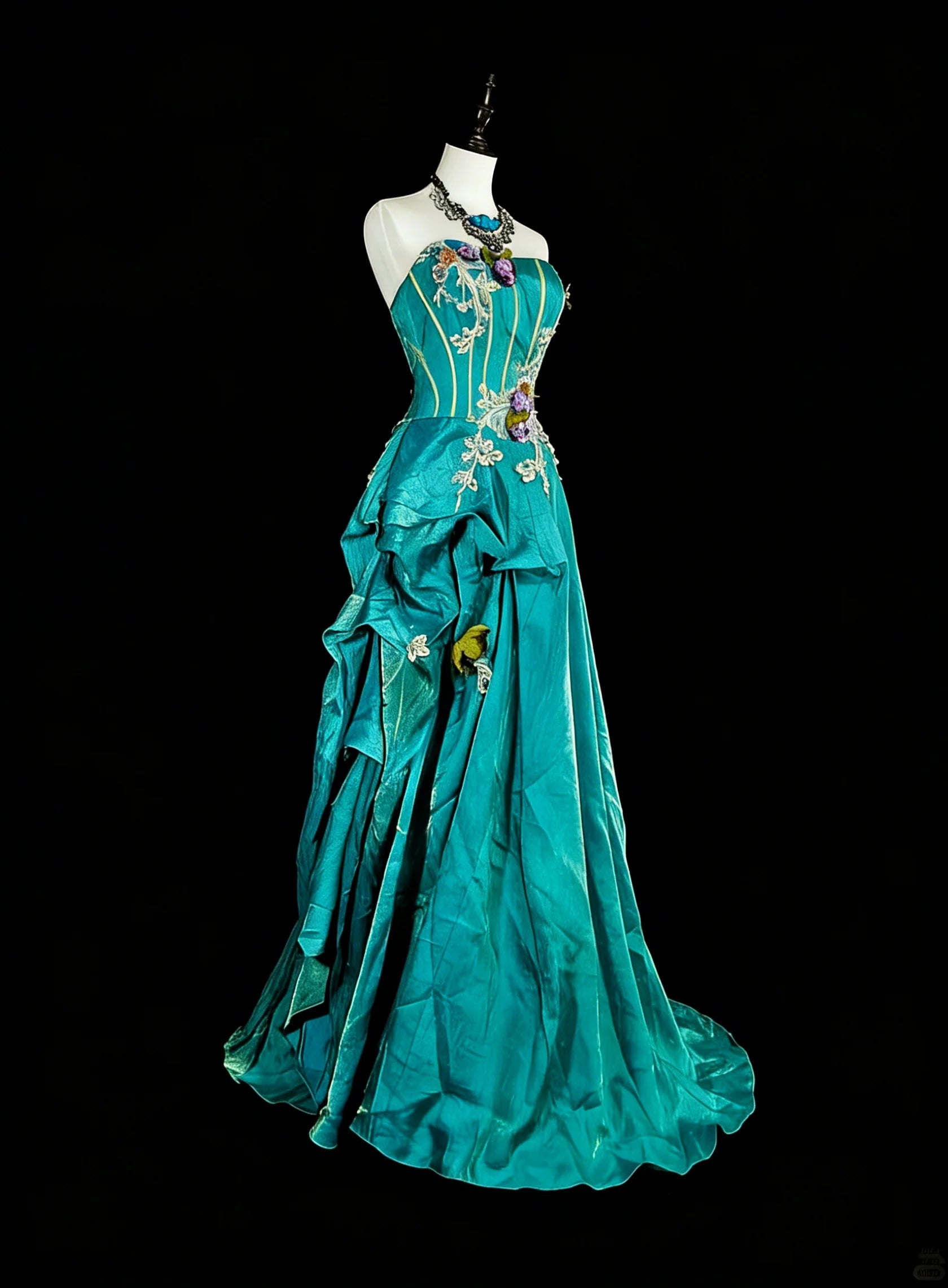 Romantic A-Line Strapless Embellished Teal Maxi Prom Dress